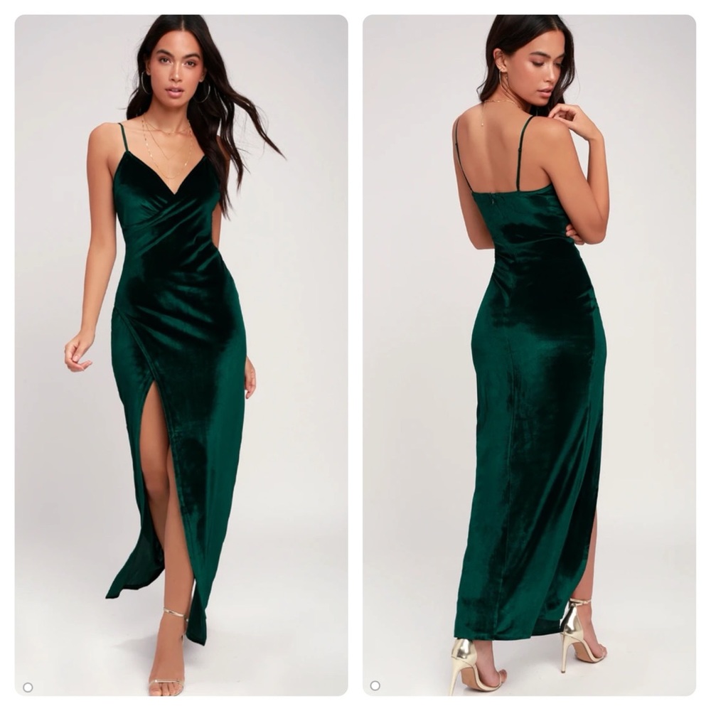 Lulu’s Debut Diva Green Velvet Maxi Dress